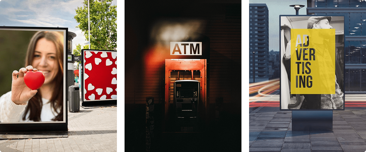 A red atm machine on the side of a building.