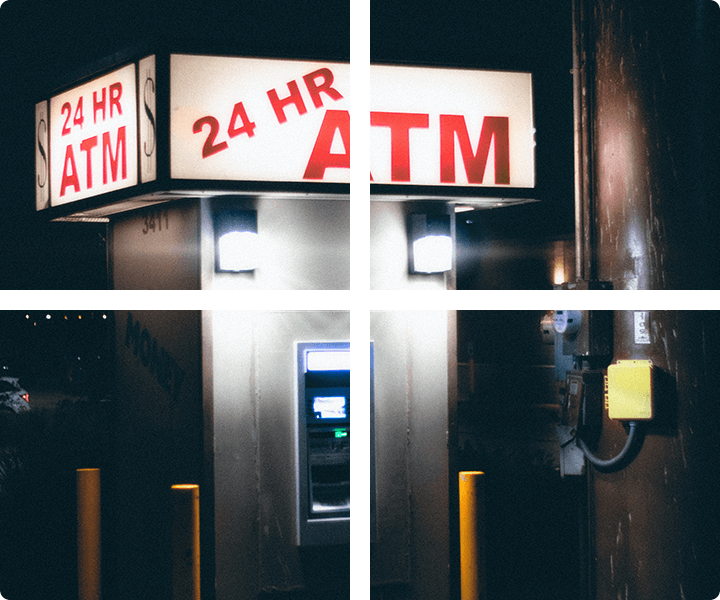 A picture of an atm machine with the words " 2 4 hr atm ".